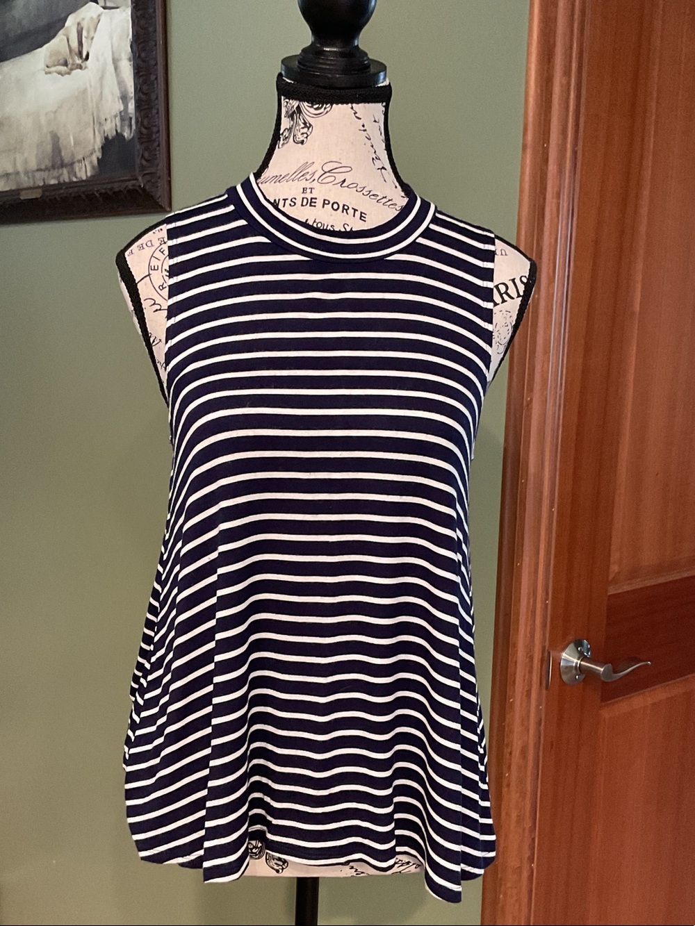 See You Monday Navy and White Striped Sleeveless Tank, Size M